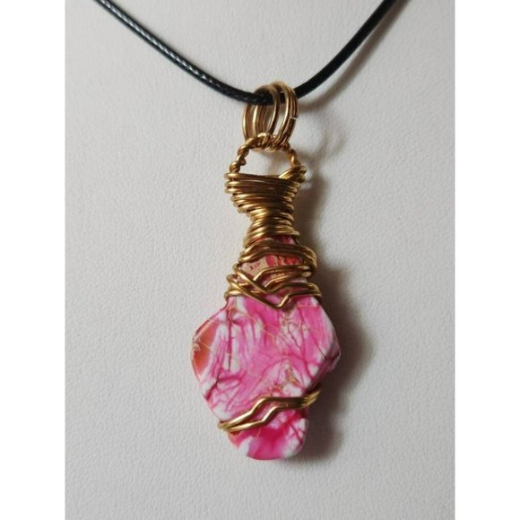 Artisan Wire Wrapped Gold Necklace with Pink Stone on Black Cord w/ Lobster Claw - Picture 3 of 3